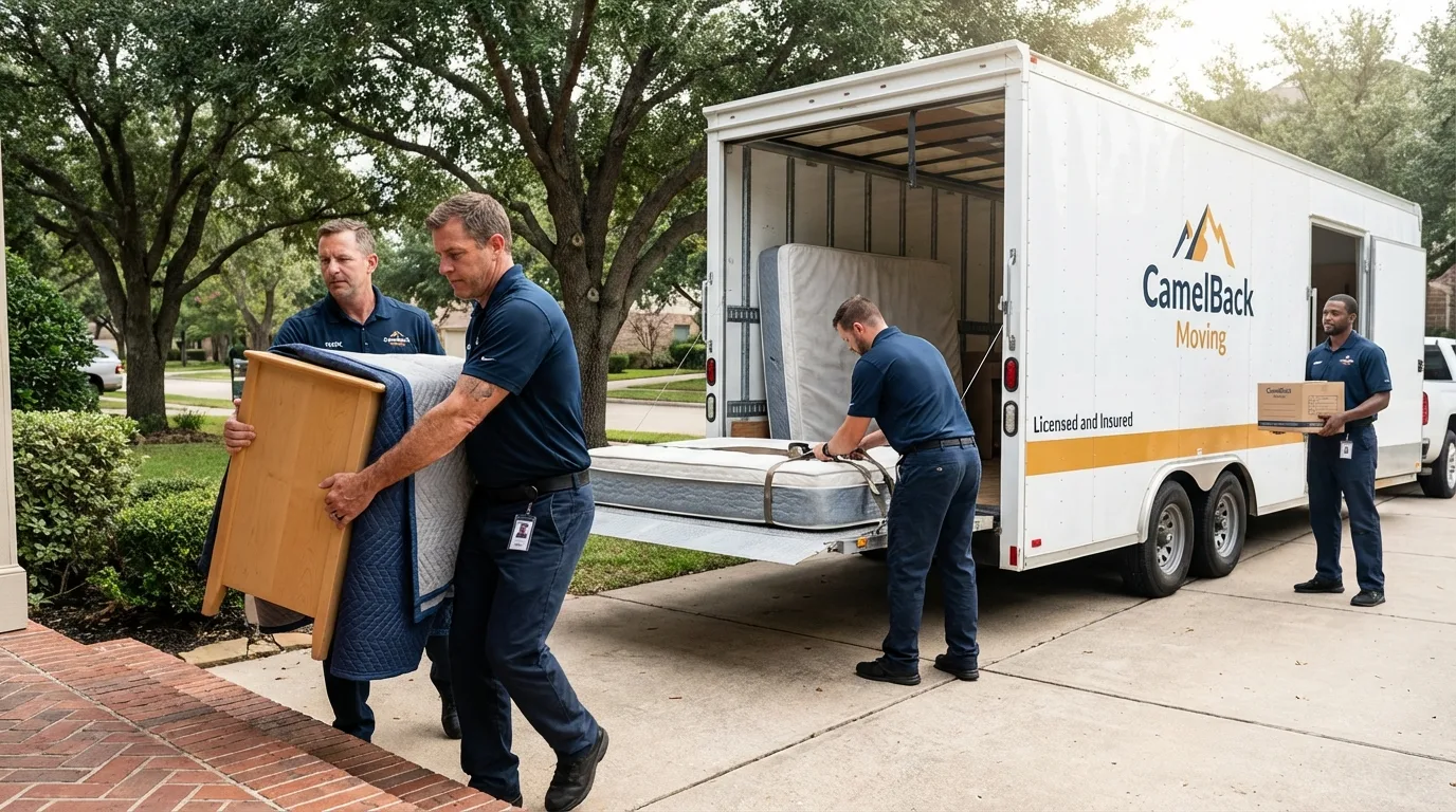 Crew loading residential truck for cross-state move from Hudson, IA