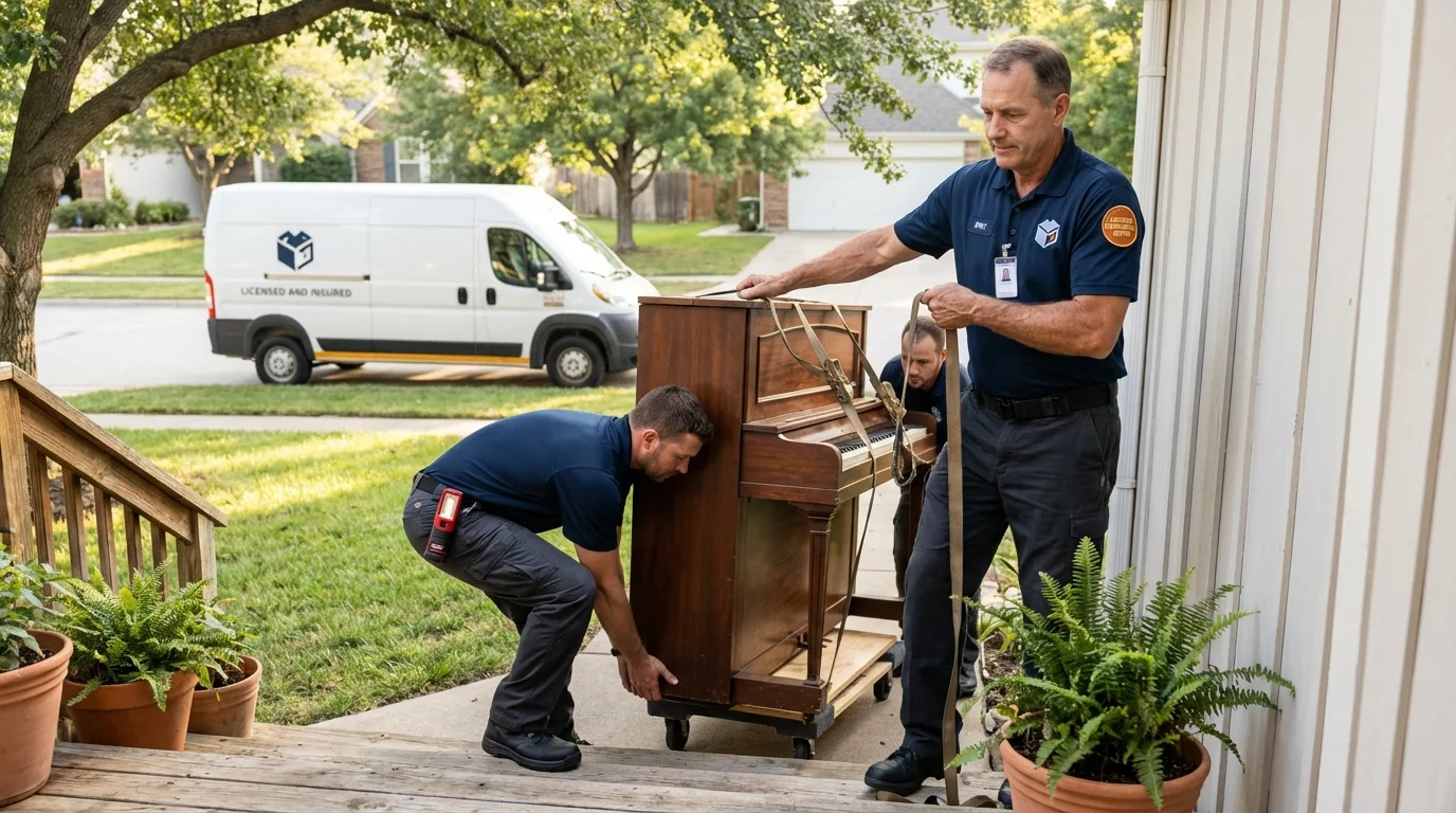 Licensed piano movers securing grand piano in Hudson, IA