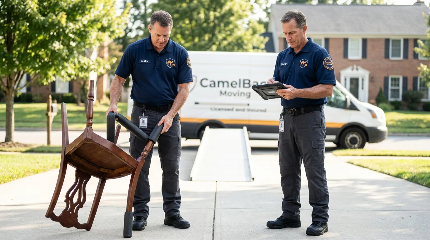Movers inspecting furniture for damage prevention before loading in Hudson, IA