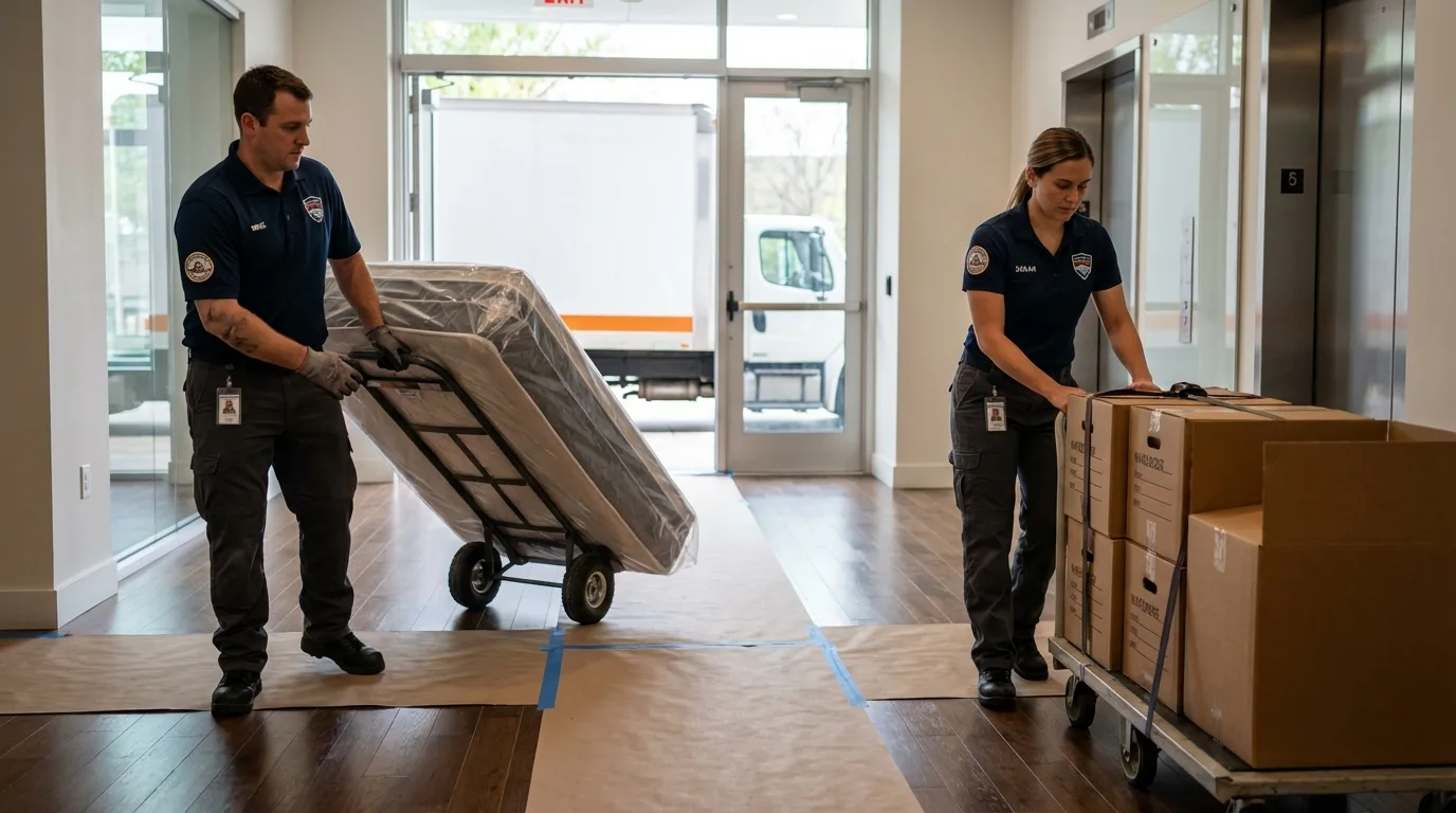 Professional apartment movers loading elevator in Hudson, IA
