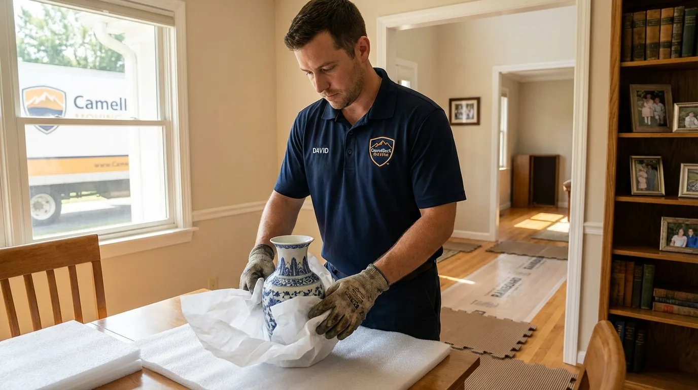 Professional crew carefully wrapping antique vase for senior downsizing move in Hudson, IA