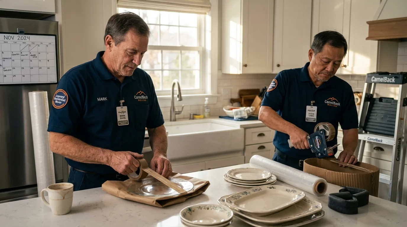 Professional crew packing kitchen dishware in Hudson, IA